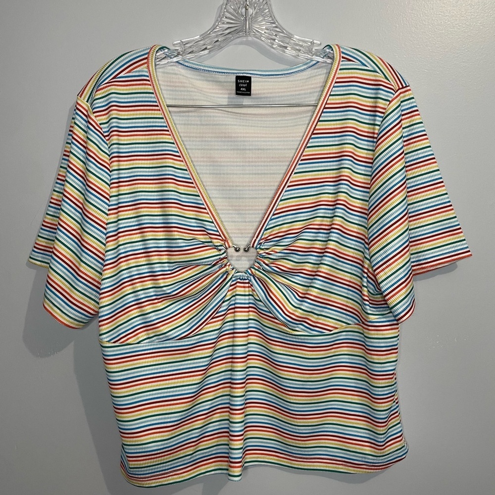 Rainbow Women’s Striped Crop Top Short Sleeve Heart O-Ring Stretchy Pride LGBT
